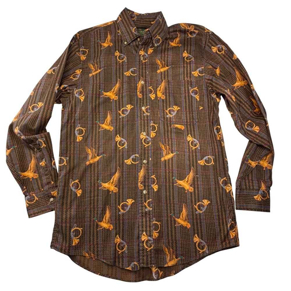 Scott Wynne Cotton Pheasant Hunting Horn Button Down Shirt Brown Novelty Mens M‎